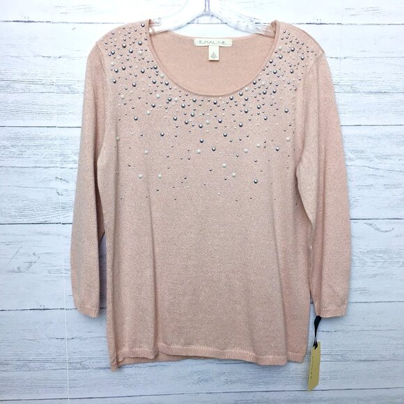 New Emaline Women's Pink Sweater Sparkly Embellished Tunic Style Medium - Picture 1 of 9